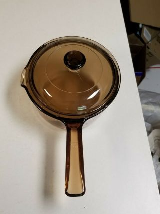 Vintage Vision Corning Amber 1l Pot W/ Pyrex Lid,  Pour Spout