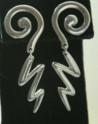 Vintage Sterling Silver 925 Modernist Long Dangle Earrings Pierced 2 3/8 "