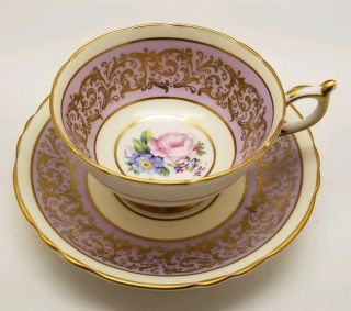 Vintage Paragon Teacup And Saucer Lilac Lavender Yellow Gold Trim Flowers Roses