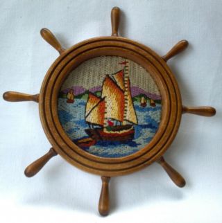 Nautical Sailboat Crewel Round Frame Is A Wooden Ship’s Wheel Vintage Embroidery