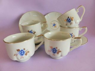 Blue Rose Vintage 10 Piece Tea Setting,  5 Person Cup And Saucer Set,  1950s Japan