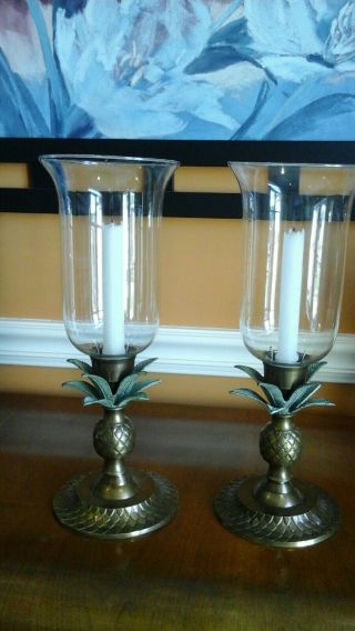 2 Vintage Palm Tree Heavy Brass Candle Holders Hurricane 15.  5 " Stunning