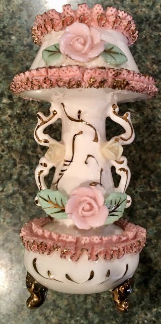 Vintage Capodimonte Style Vase Candle Holder W/ Pink Florals & Gold Accents