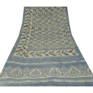 Sanskriti Vintage Cream Saree Blend Crepe Printed Sari Craft 5 Yard Decor Fabric 3