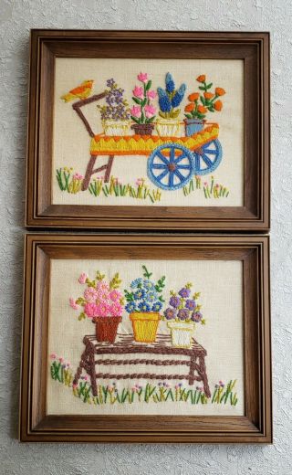 2 Vintage Completed Embroidery Garden Cart Bench Flowers Plastic Frame
