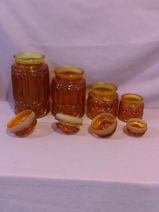 L.  E.  Smith Red Amberina Moon And Stars Canister Full Set Of 4 w/Lids Vintage 5c 4