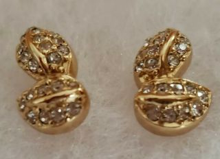 Vintage Christian Dior Gold Tone Rhinestone Pierced Earrings Leaf Design