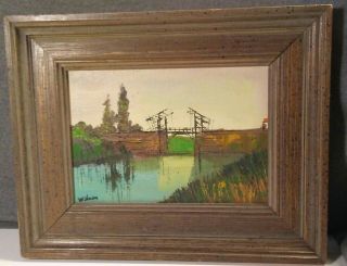 Vintage Mid Century Signed Wilson Framed Oil On Board Bridge Landscape Painting