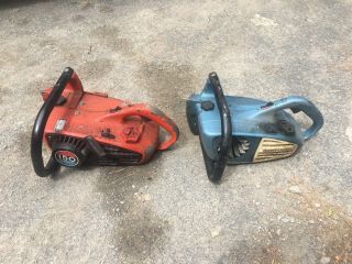 Homelite 150 Chainsaw,  Blue & Red Homelite Vintage Chainsaw,  Both Saws