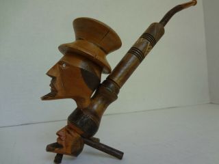 Vintage Folk Art Tobacco Pipe Hand Carved Wood Double Head With Feet