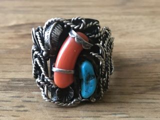 Vintage Native American Sterling Silver Turquoise & Coral Men 