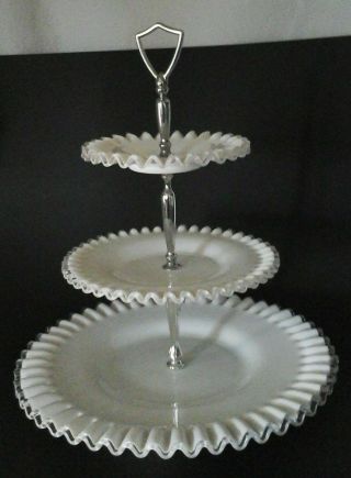Vintage Fenton White Milk Glass Silvercrest Crimped Piecrust 3 Tier Tray Platter
