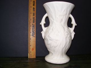 Vintage Mccoy Art Pottery 8 " Vase Milk White Embossed Floral / Leaf Design