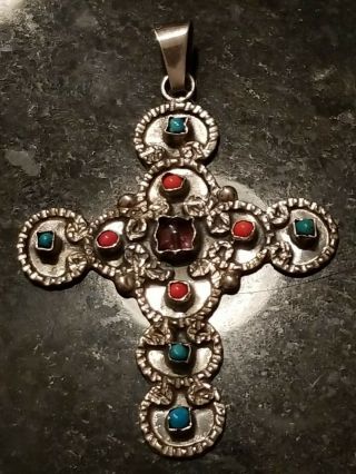 925 Mexico Sterling Silver Amethyst Turquoise Coral Cross 3.  5 " Pendant Vtg Taxco
