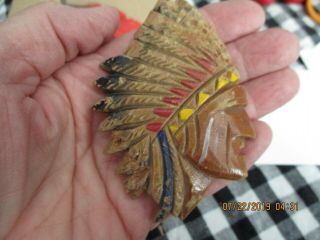 Vintage Big Wood Indian Chief With Headdress Hand Painted Brooch/pin