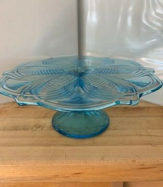 Vintage Imperial Estate Blue Glass Pedestal Cake Stand - Daisy Pattern