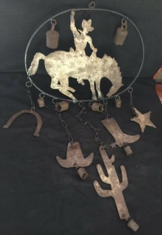 Vintage Hand Made Metal Wind Chime W Old Bells Mustang Western Wildlife Cowboy