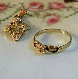 Vintage Set 10k Black Hills Gold Pink Rose Ring And Pendant With Cross Ring Size