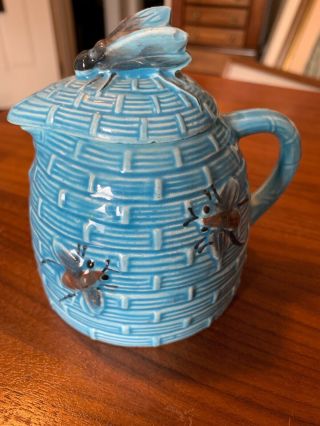 Vtg Ceramic Blue Bee Hive Honey Pot W/ Lid & Bees