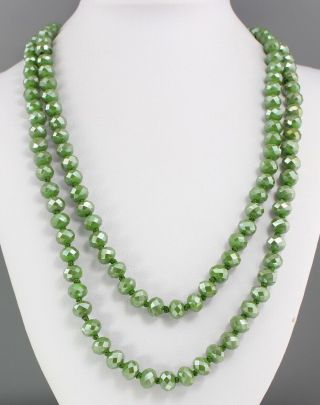 Vintage 70’s Green Ab Aurora Borealis Crystal Glass Bead Long Necklace