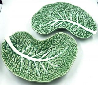 2 Vintage Bordallo Pinheiro Green Cabbage Dishes Crescent Shaped 8.  5 " Portugal