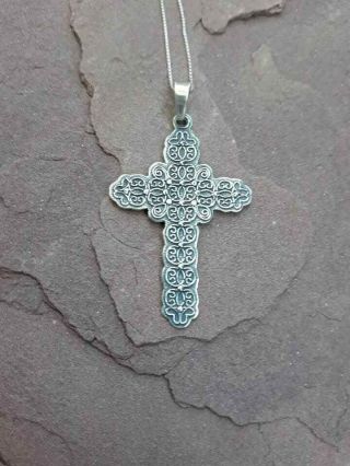 Vintage Mexico Taxco Sterling Silver Cross Pendant Necklace