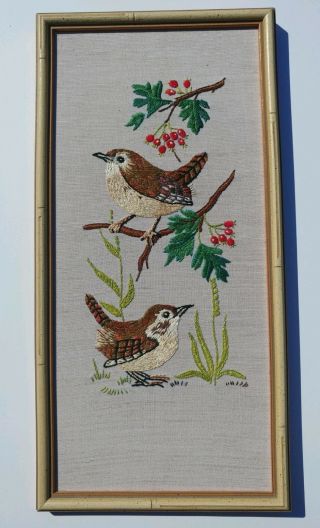 Vintage Needlepoint Embroidery Birds Finished Framed Wall Art