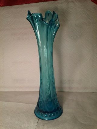 Tall Vintage Blue Glass Ribbed Swung Stretch Vase
