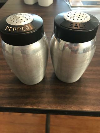 Vintage Kromex Spun Aluminum Salt And Pepper Shakers With Black Top