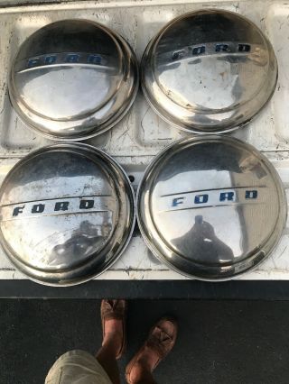 Vintage Four (4) Car Truck Auto Ford Hubcaps Wheel Cover Chrome Metal Dog Dish