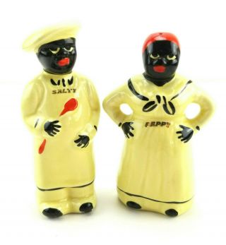 Vintage Black Americana Salty And Peppy Chef Yellow Salt And Pepper Shakers Bt