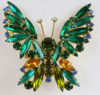 Big Fab Vintage Navette Rhinestone Butterfly Pin Brooch In Green Amber & Olive