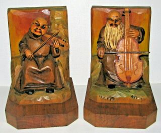 Vintage Hand Carved Wood Anri Of Italy Bookends Musicians Cello Violin