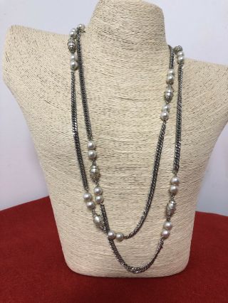 Stunning Vintage Signed Sarah Coventry Faux Pearl Silver Tone Necklace 52” Long
