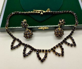Vintage Jewellery Czech Art Deco Garnet Rhinestone Necklace And Drop Earrings