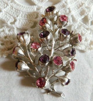 Vintage Signed Sarah Coventry Pink And Purple Rhinestone Floral Brooch 3 "