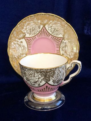 Vtg Royal Stafford Bone China Cup & Saucer Elegant Gilt Floral Design Pink Roses