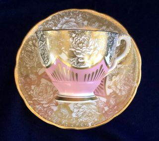 Vtg ROYAL STAFFORD Bone China Cup & Saucer Elegant GILT Floral Design PINK ROSES 2