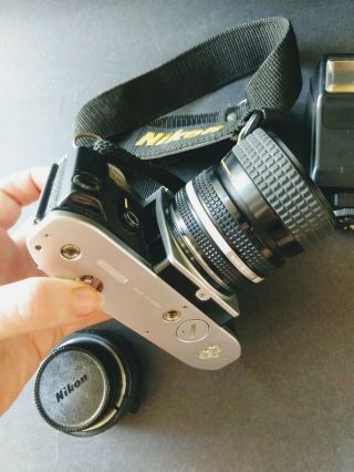 Nikon FG Camera Body 35mm SLR Film Camera & Lens Converter Flash Vtg 4