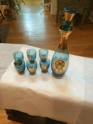 Vintage Blue Murano Decanter And 6 Small Glasses