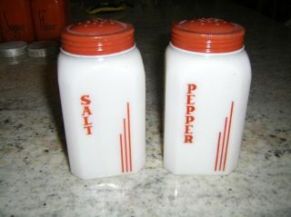 Vintage Hazel Atlas White Milk Glass Salt & Pepper Shakers W/red Vertical Stripe