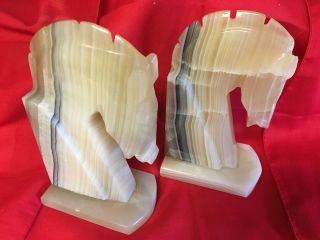 Vintage Ivory Onyx Or Agate Carved Stone Trojan Horse Head Bookends