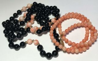 Vtg 2pc Black Onyx & Pink Coral Beaded Art Deco Strand Necklace