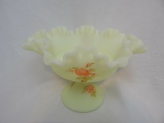 Vtg Fenton Frosted Yellow Art Glass Ruffled Edge Footed Compote Candy Dish
