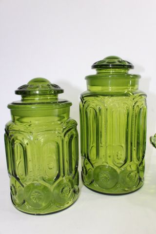 Green Moon & Stars Vintage glass LE Smith Candy Dish Fairy Light Canisters 2