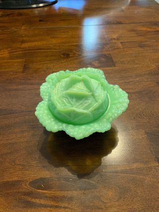 Vintage Green Cabbage Leaf Jadite Slag Dish