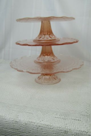 3 - Vintage Pink Depression Glass Knob Footed Fan Pattern Glass Cake Plate Stands