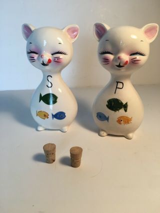 Vintage Cat Salt And Pepper Shakers Cute Pair With Fish Decorations & Stoppers