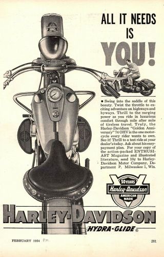 Vintage 1954 Harley Davidson Ad,  Hydra - Glide
