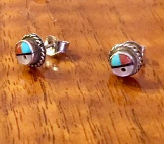 Vintage Zuni 925 Sterling Silver Turquoise Coral Mop Sun Face Stud Earrings 1.  3g
